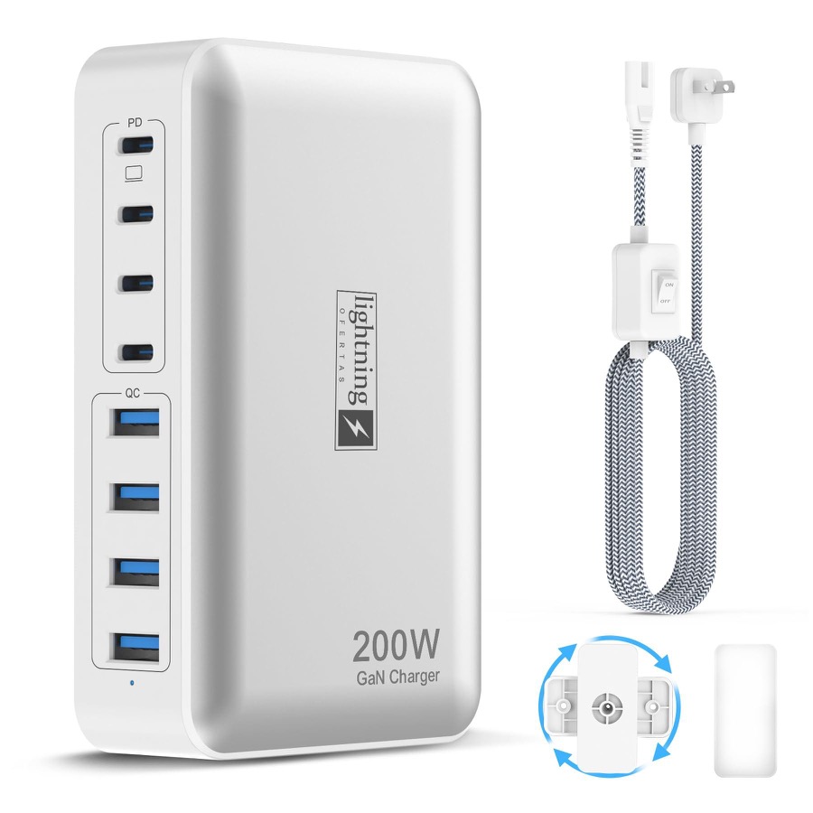 200W Charging Station for Multiple Devices, 8-Port USB C Charger Block Fast Charging, 65W Type C GaN Power Adapter for Cellphones, Tablets, Laptops, Multi Chargers USB Hub Flat Plug