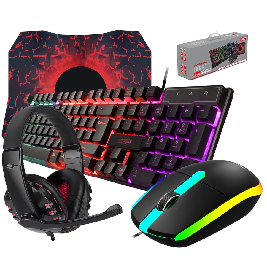 Wired Gaming Keyboard and Mouse Headset Combo,Rainbow LED Backlit Wired Keyboard,Over Ear Headphone with Mic,Rainbow Backlit Gaming Mice,Mouse Pad,for PC,Laptop,Mac,PS4,Xbox(Black)